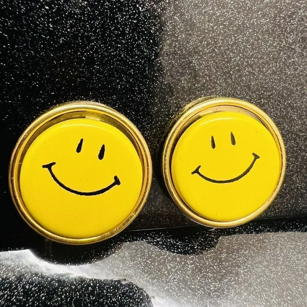 Vintage Yellow SMILEY FACE Button Gold Fun Cute Happy Joy Grin Earrings 1425